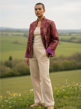 Xing Mao Silk Brocade Traditional Tang Style Chinese Womens Jacket Sz S/M READ
